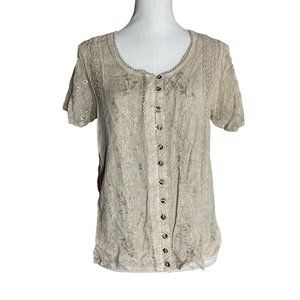 100% Rayon Embroidered Floral Blouse NWT VTG M Short Sleeve Beige Rouleau